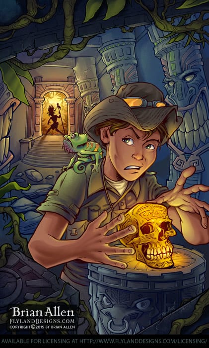 Young adventurer in a dark temple with golden skull and tiki totems.