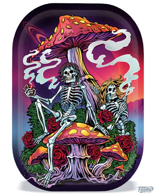 Rolling tray design with mushrooms, marijuana plants, and skeletons smoking, drawn by artist Brian Allen