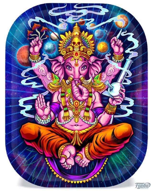 Space theme rolling tray design of the Hindu god Ganesh holding mushrooms, a joint, and a bong, drawn by artist Brian Allen