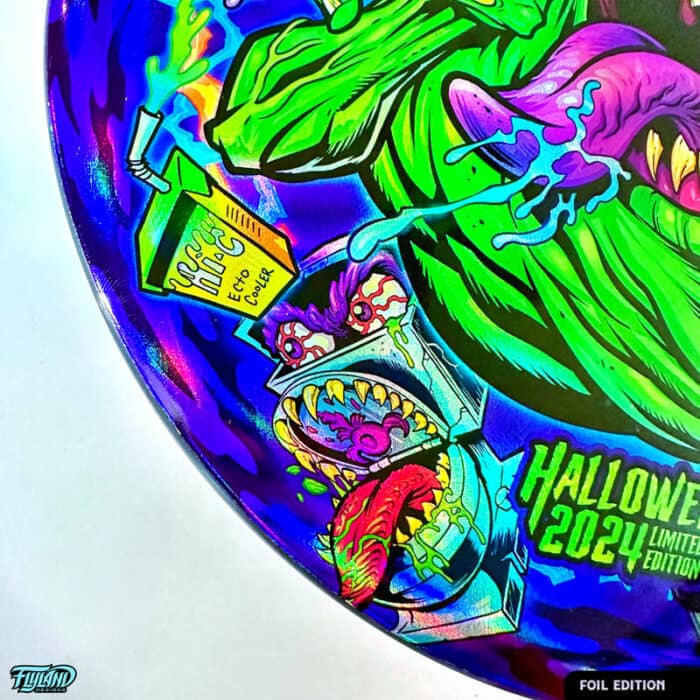 Tribute illustration of Slimer, StayPuft Marshmallow Man, and other ghosts from the Ghostbusters cartoon printed on a Disc Golf Disc