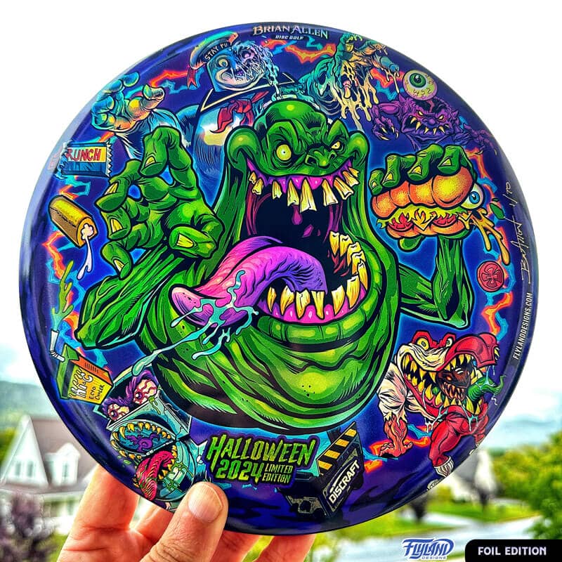 Tribute illustration of Slimer, StayPuft Marshmallow Man, and other ghosts from the Ghostbusters cartoon printed on a Disc Golf Disc