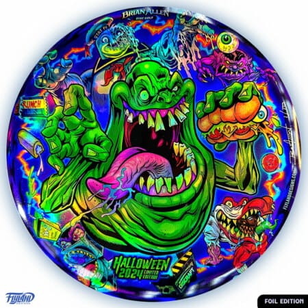 Tribute illustration of Slimer, StayPuft Marshmallow Man, and other ghosts from the Ghostbusters cartoon printed on a Disc Golf Disc