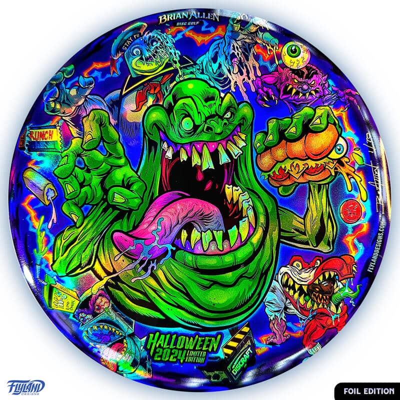 Tribute illustration of Slimer, StayPuft Marshmallow Man, and other ghosts from the Ghostbusters cartoon printed on a Disc Golf Disc