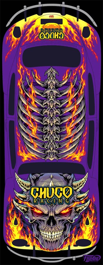 A detail shot of A picture of a vehicle wrap for a sedan. The main car itself is purple and has a flaming skeleton on the side with an eye popping out. The Text reads "Chuco Racing" Cool purple graphic wrap. Flaming skull graphic vehicle wrap.