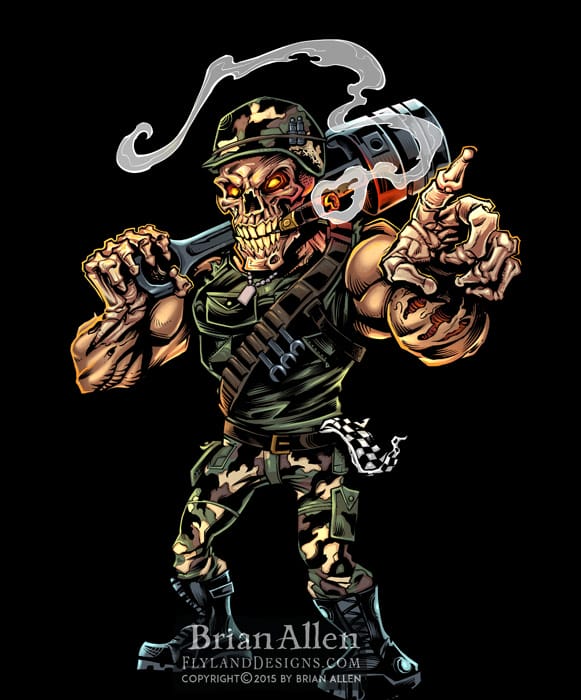 Angry militant skeleton mascot with army helmet for drag racing.