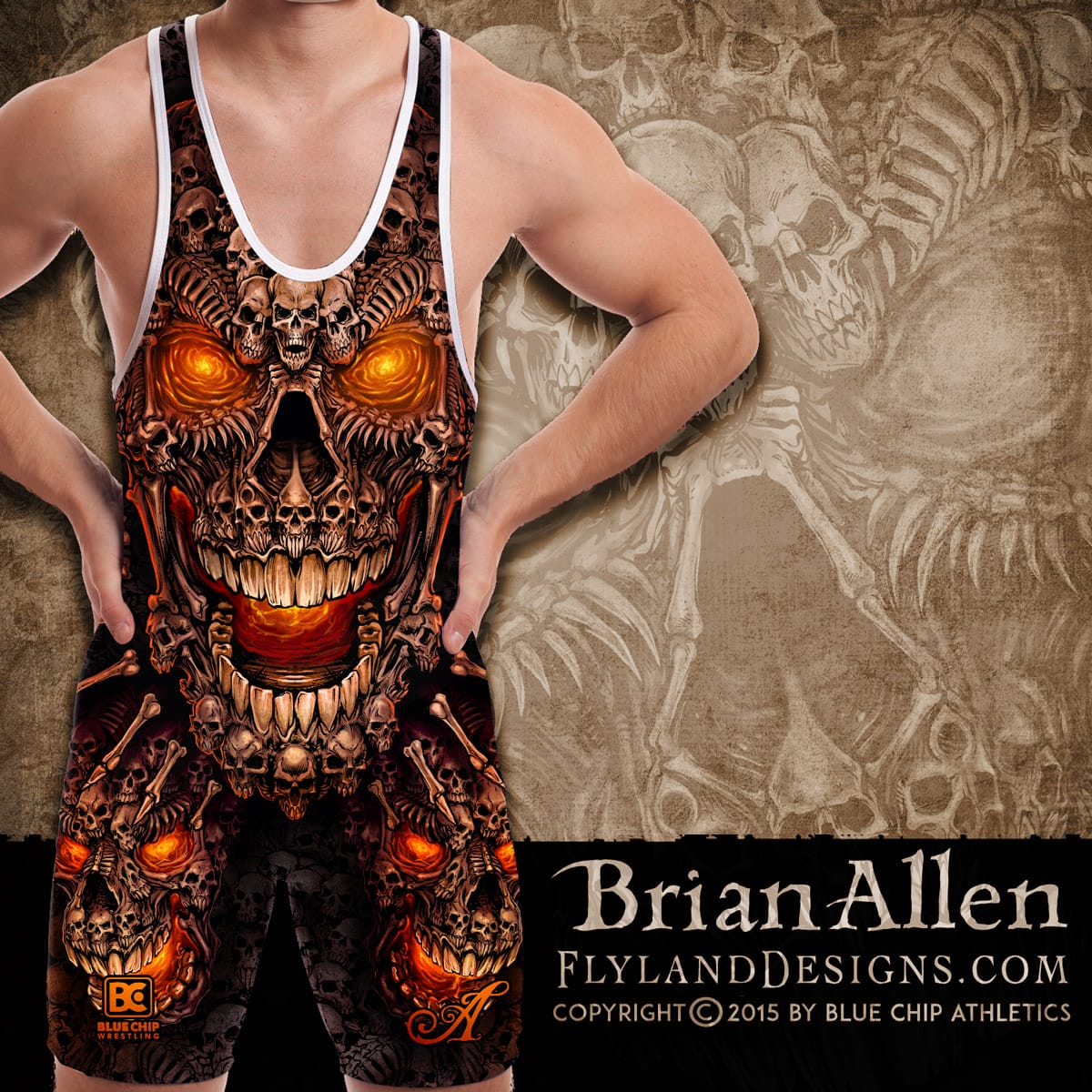 Giant skull made of smaller skulls illustration for dye-sublimated wrestling singlets.