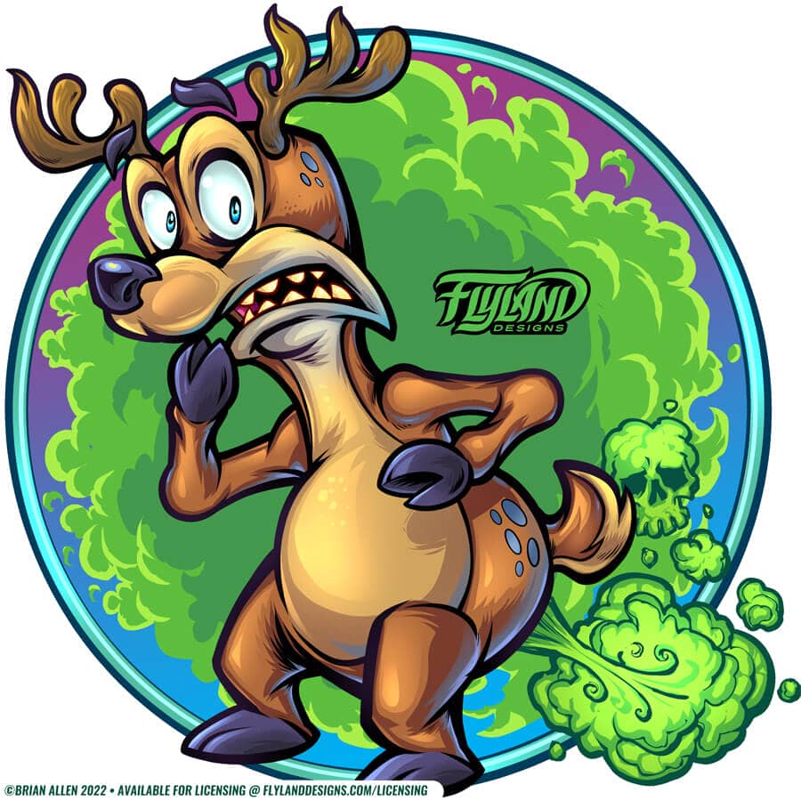 Cartoon illustration of a deer farting