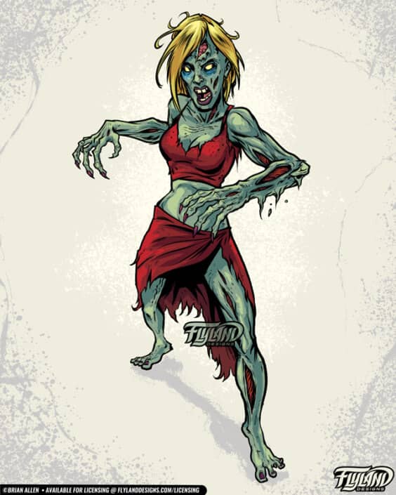 Green terrifying Female zombie wearing a red dress Illustration drawn by Brian Allen