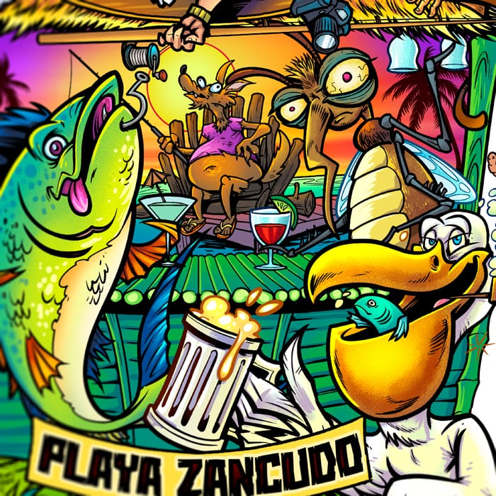 A brightly colored illustration of a hooked fish. vacationer, monkey, mosquito, kangaroo, and pelican all sitting around a beach bar during sunset.