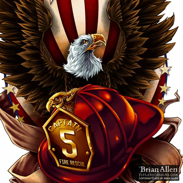 T-Shirt illustration of an eagle spreading its wings behind a fire-fighter’s helmet.