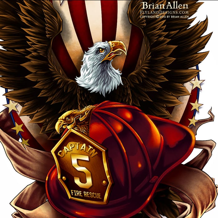 T-Shirt illustration of an eagle spreading its wings behind a fire-fighter’s helmet.