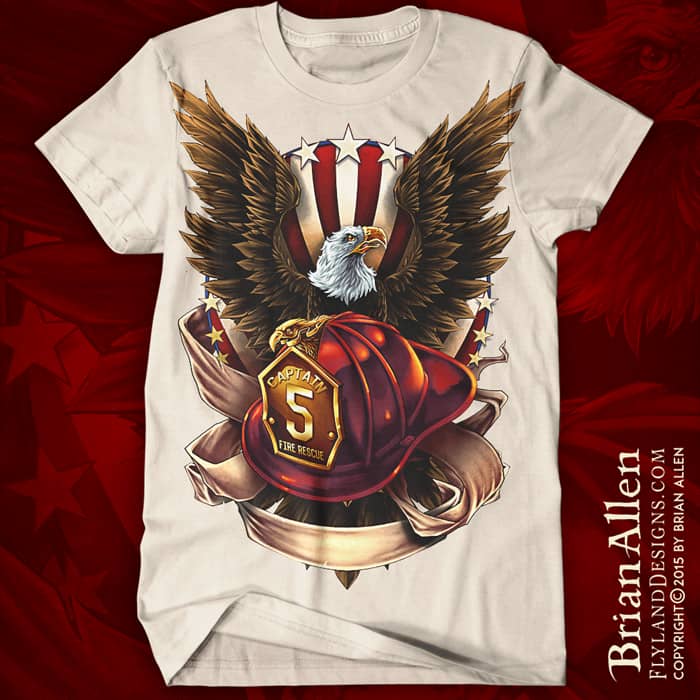 T-Shirt illustration of an eagle spreading its wings behind a fire-fighter’s helmet.