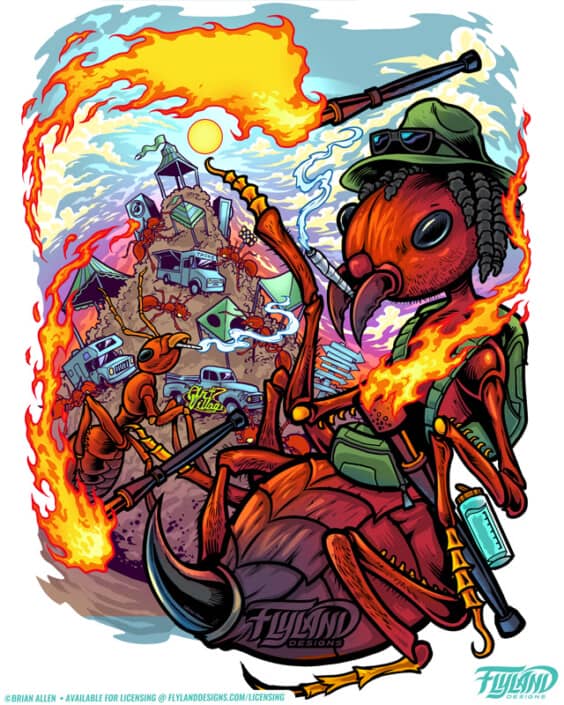 Fire ants attend a music festival, they're smoking blunts and holding torches, illustration by Brian Allen