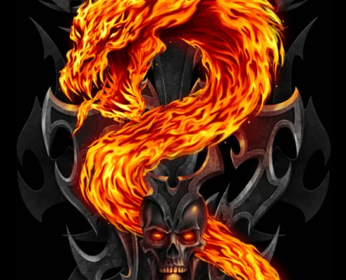 T-Shirt illustration I created for Spiral Direct of dragon made of fire. I digitally painted this illustration in Adobe Photoshop and Manga Studio 5. Available from Spiral Direct.