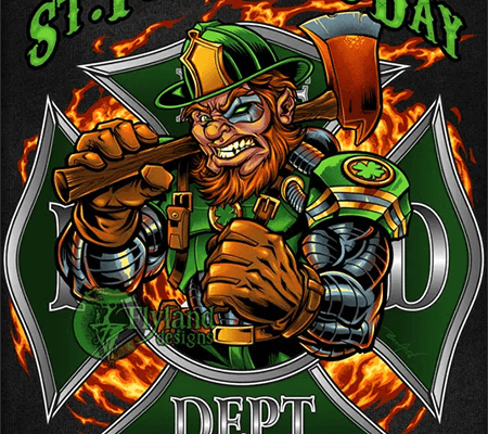 Cyborg Leprechaun Firefighter with axe in front of flames