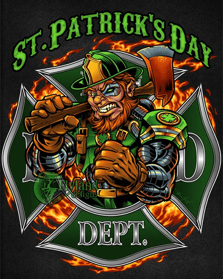 Cyborg Leprechaun Firefighter with axe in front of flames