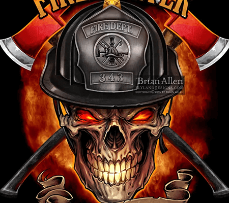 Skull wearing a firefighters hat in front of an explosion and axes