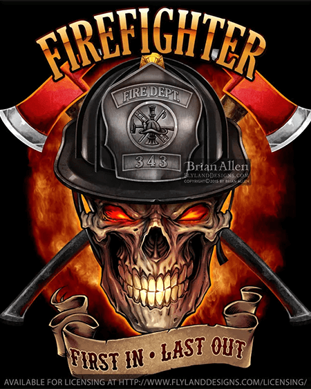 Skull wearing a firefighters hat in front of an explosion and axes