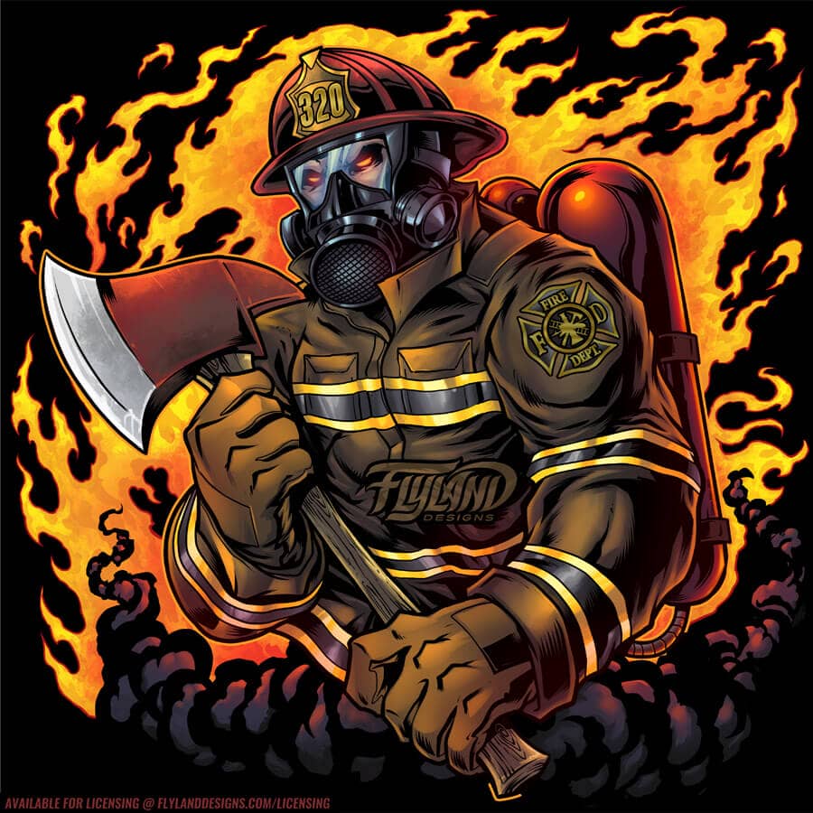 Firefighter with axe and oxygen mask. There is also fire and smoke in the background.