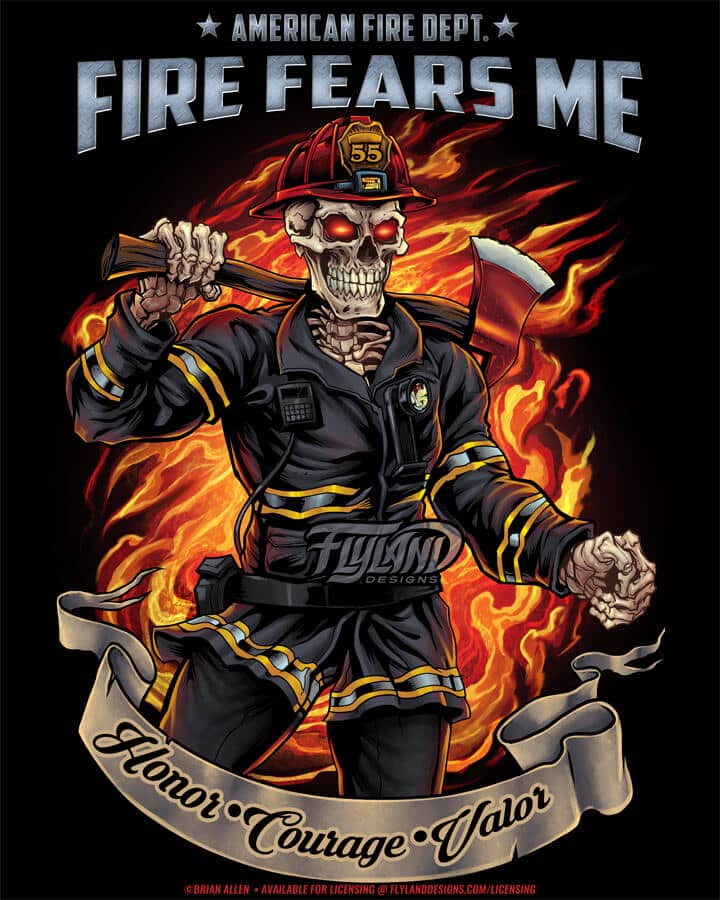 FIrefighter skeleton holding and axe with fire behind him.