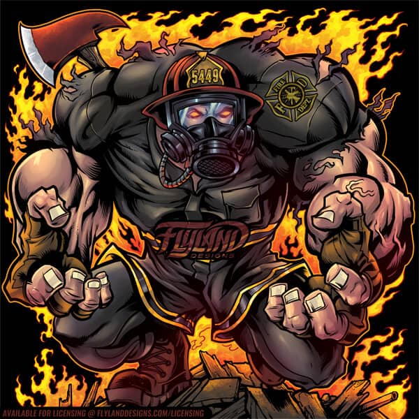 Muscular Firefighter running out of a fire with an axe on his back.