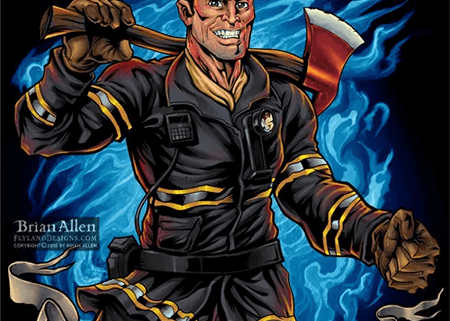 American Firefighter in front of blue flames