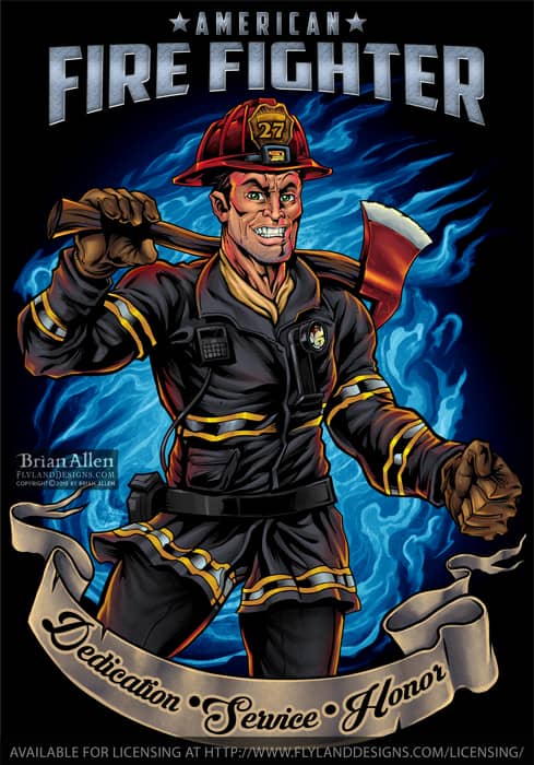 This is an image of an American firefighter in front of blue flames. Text above reads "American Fire Fighter" and text below reads "Dedication Service Honor"
Artwork by Brian Allen, Flyland Designs