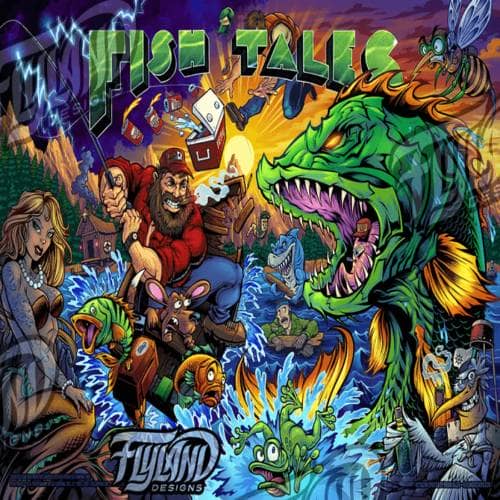 Official Williams Bally pinball arcade machine artwork of the classic fish tales game featuring a fishing lumberjack reeling in a monster bass while a mermaid sits on the rocks while other animated characters can be seen getting thrown off the raft or running away in surprise.