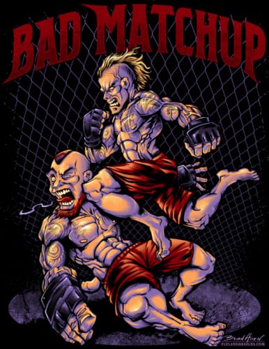 T-Shirt illustration of two MMA fighters in flying knee move