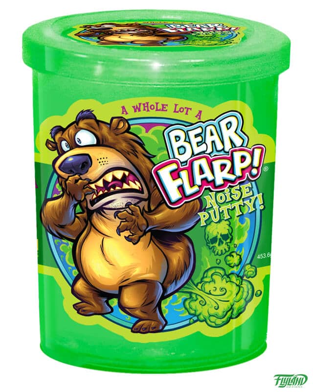Noise putty label design of a cartoon brown bear farting, drawn by artist Brian Allen