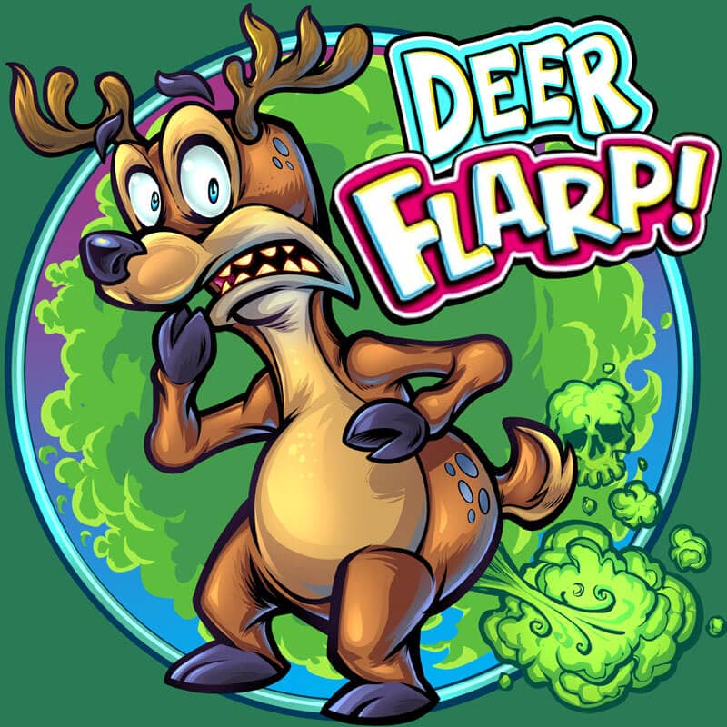 Noise putty label design of a cartoon deer farting, drawn by artist Brian Allen