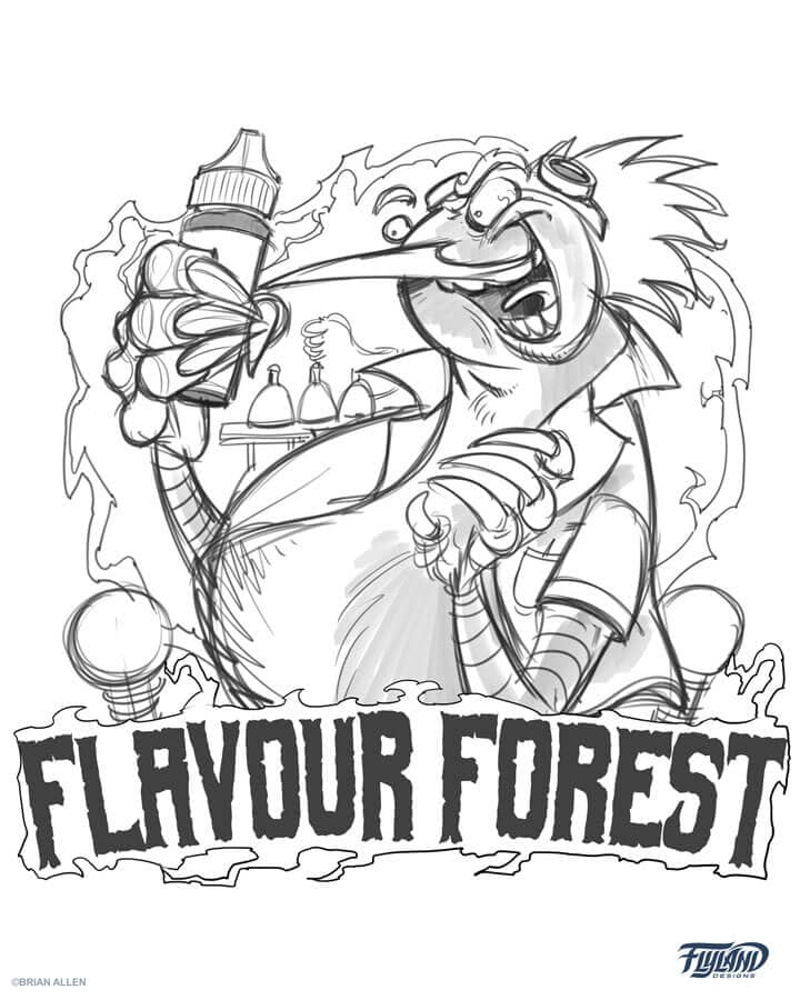 A logo sketch of a mad scientist bird holding vape juice for Flavour Forest, drawn by artist Brian Allen