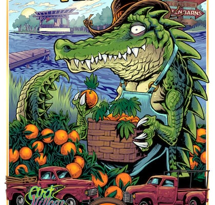 florida cannabis festival event poster of an alligator picking oranges in a weed field with some red trucks parked out front.