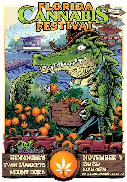 florida cannabis festival event poster of an alligator picking oranges in a weed field with some red trucks parked out front.