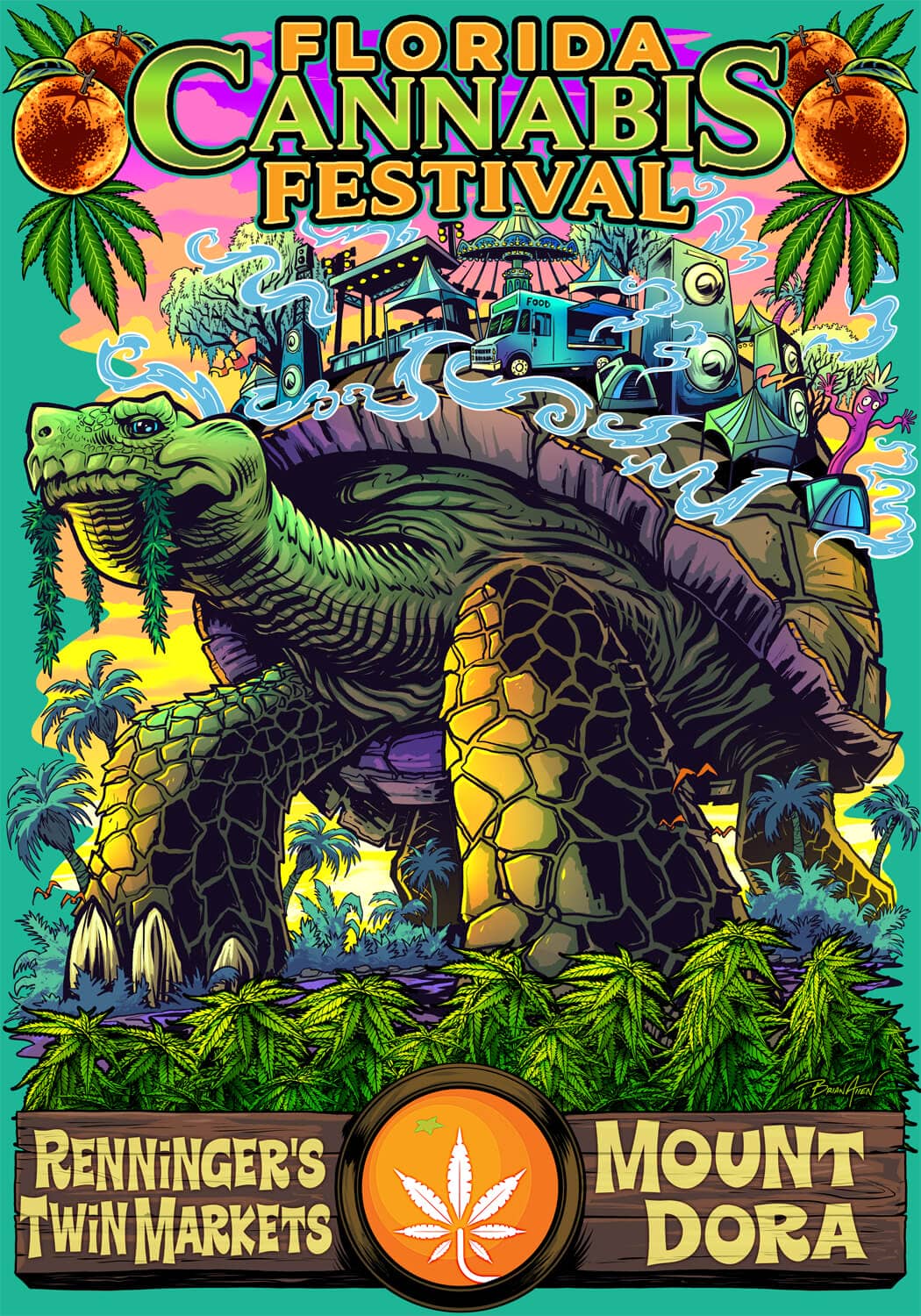 artwork for a florida cannabis festival of a tortoise walking through a tropical marijuana field with a festival on its back.