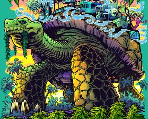 artwork for a florida cannabis festival of a tortoise walking through a tropical marijuana field with a festival on its back.