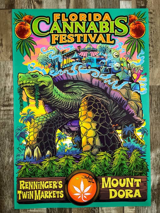 artwork for a florida cannabis festival of a tortoise walking through a tropical marijuana field with a festival on its back.