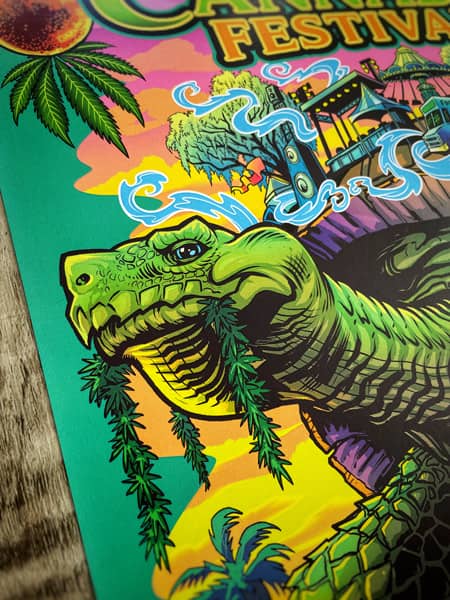 artwork for a florida cannabis festival of a tortoise walking through a tropical marijuana field with a festival on its back.