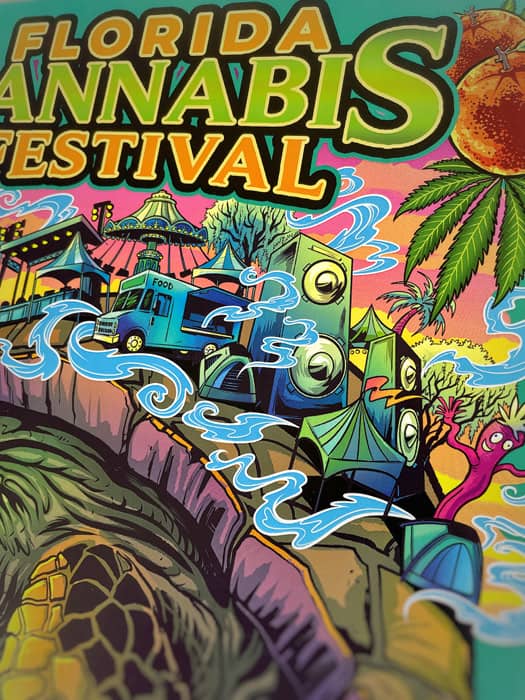 artwork for a florida cannabis festival of a tortoise walking through a tropical marijuana field with a festival on its back.