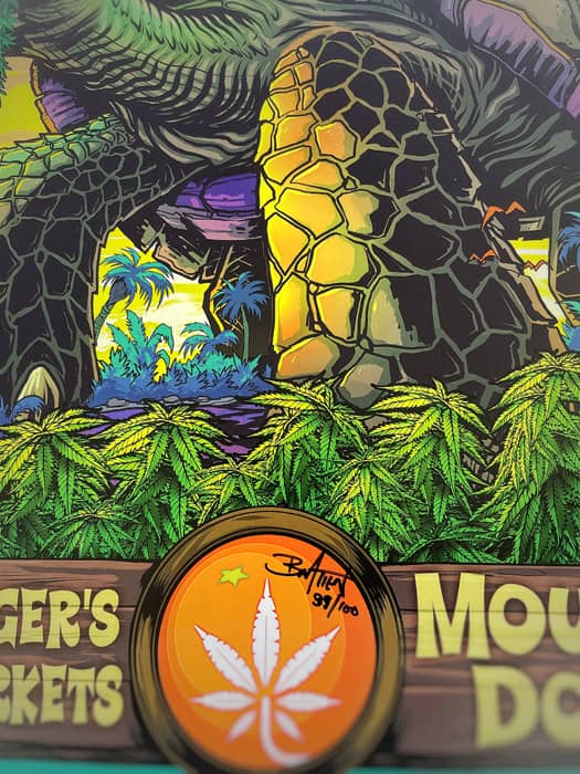 artwork for a florida cannabis festival of a tortoise walking through a tropical marijuana field with a festival on its back.