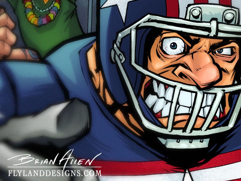 Football tailgate colorful comic book cartoon illustation of fans and football player