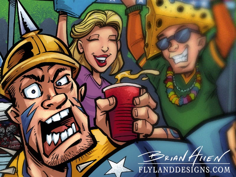 Football tailgate colorful comic book cartoon illustation of fans and football player