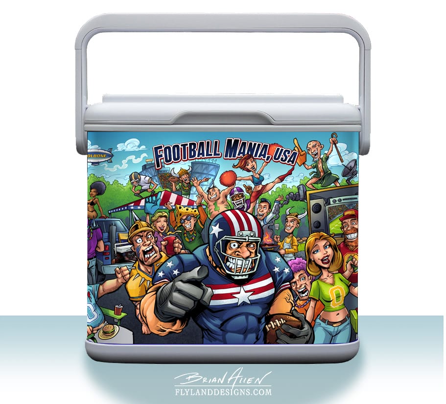 Football tailgate colorful comic book cartoon illustation of fans and football player