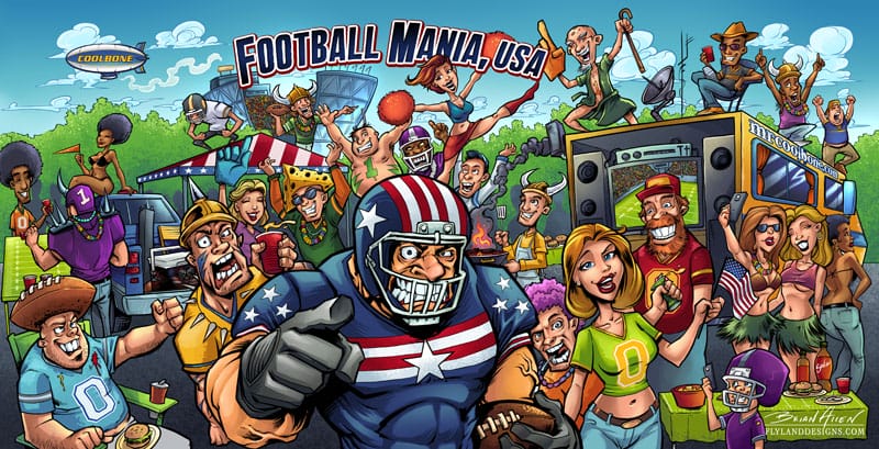 Football tailgate colorful comic book cartoon illustation of fans and football player