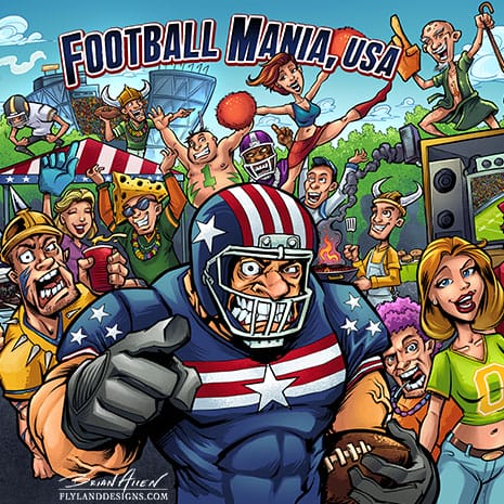 Football tailgate colorful comic book cartoon illustation of fans and football player