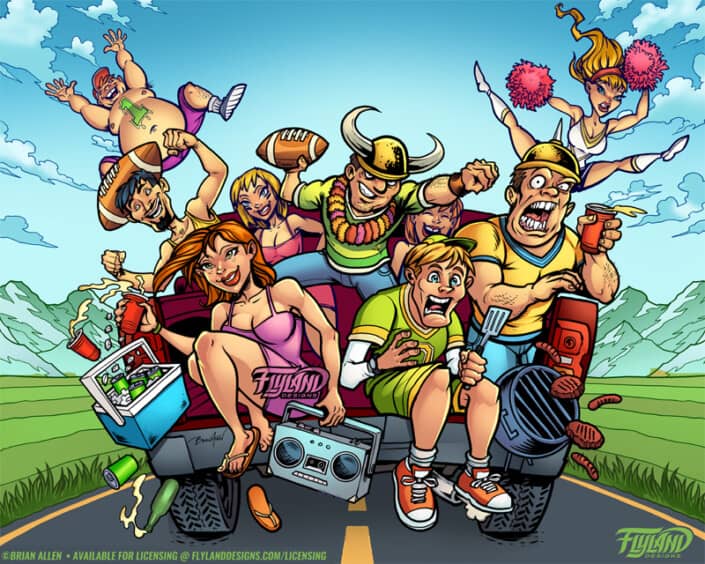 A bunch of excited football fans tailgte atop the bed of a red truck, illustration by Brian Allen