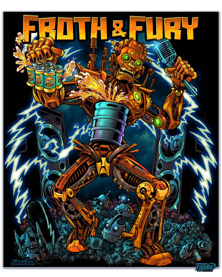 Angry orange robot drinking beer and rampaging over the corpses of famous robots for Froth and Fury music festival drawn by Brian Allen