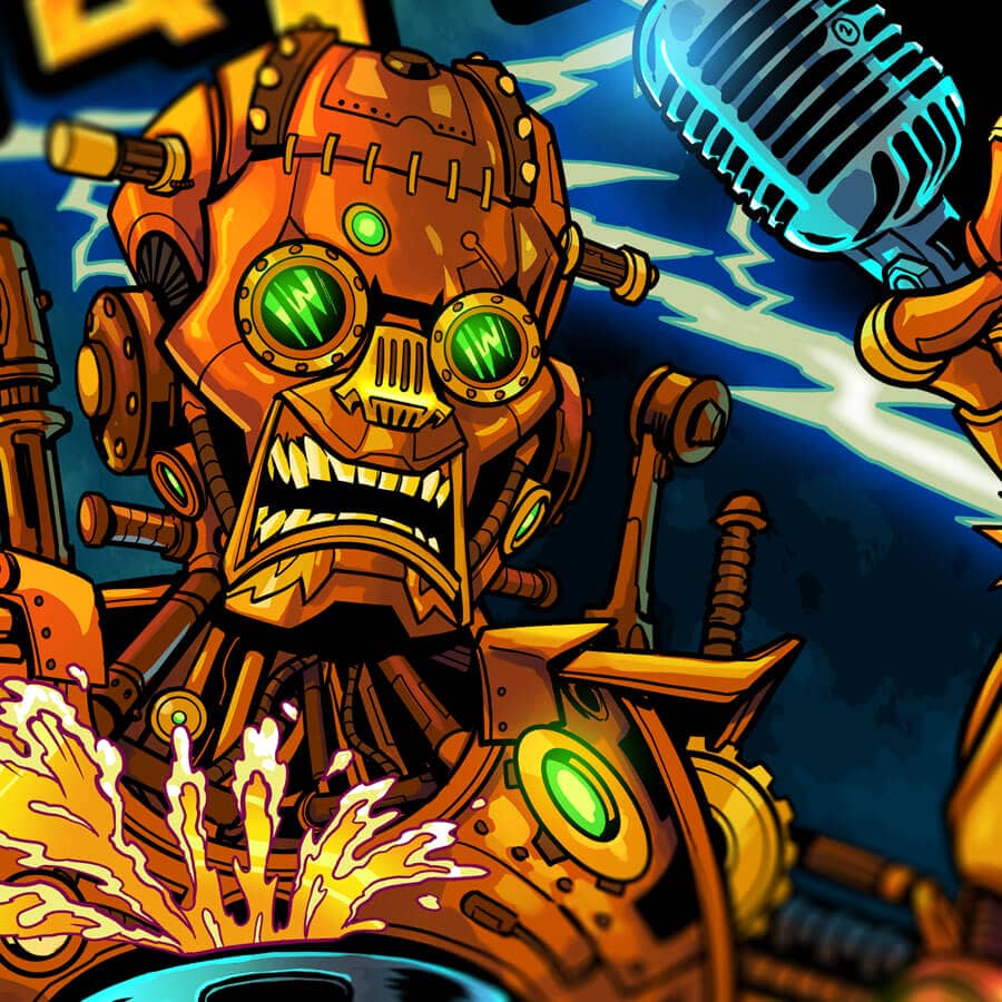 Angry orange robot drinking beer and rampaging over the corpses of famous robots for Froth and Fury music festival drawn by Brian Allen