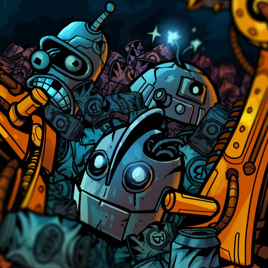 Angry orange robot drinking beer and rampaging over the corpses of famous robots for Froth and Fury music festival drawn by Brian Allen