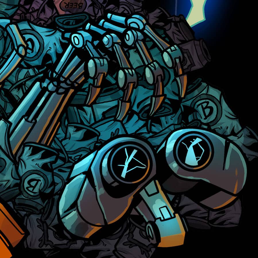 Angry orange robot drinking beer and rampaging over the corpses of famous robots for Froth and Fury music festival drawn by Brian Allen